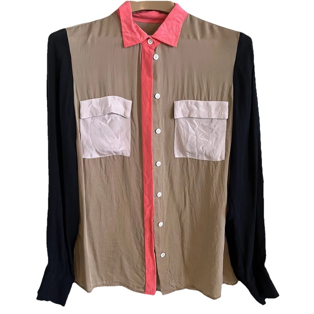 J. Crew Y2k Silk Blouse Womens 6 Colorblock Button Up Elevated Basic